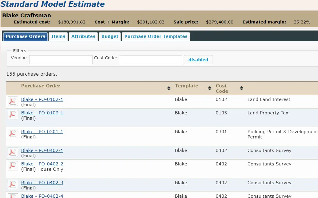 STICKS screen: Standard model price breakdown