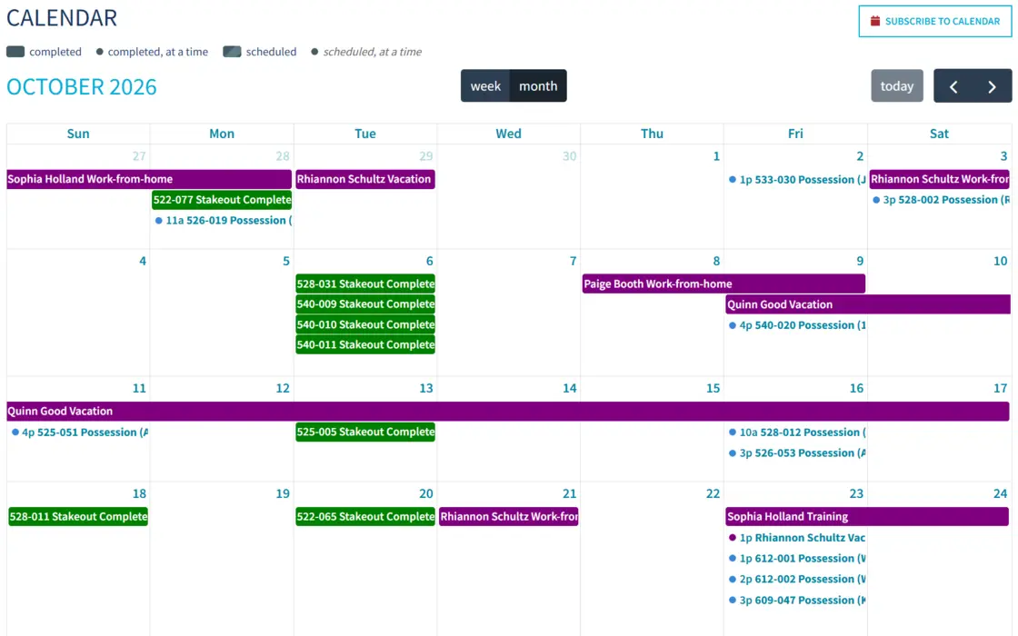 STICKS screen: Calendar of possessions and stakeouts by job