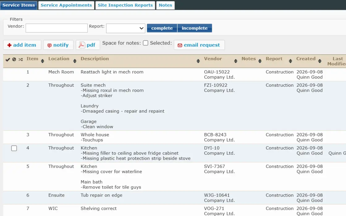 STICKS screen: Open service items on a job